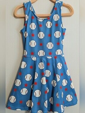 SweetHoney Girls Athletic Twirl Dress Baseball Print Size 6Y Blue Open Back